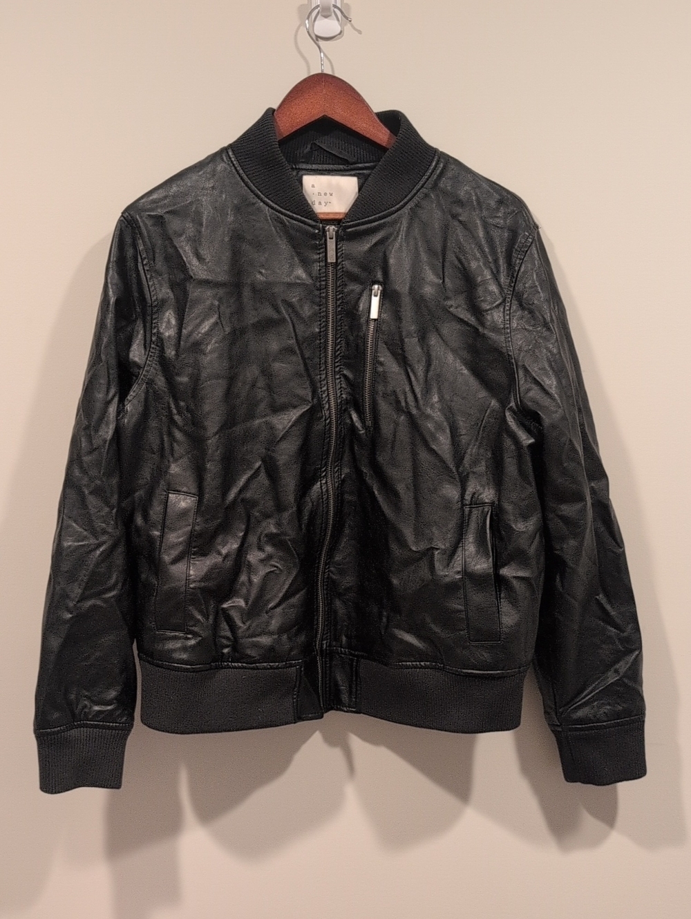 Black Faux Leather Bomber Jacket with Zip Chest Pocket